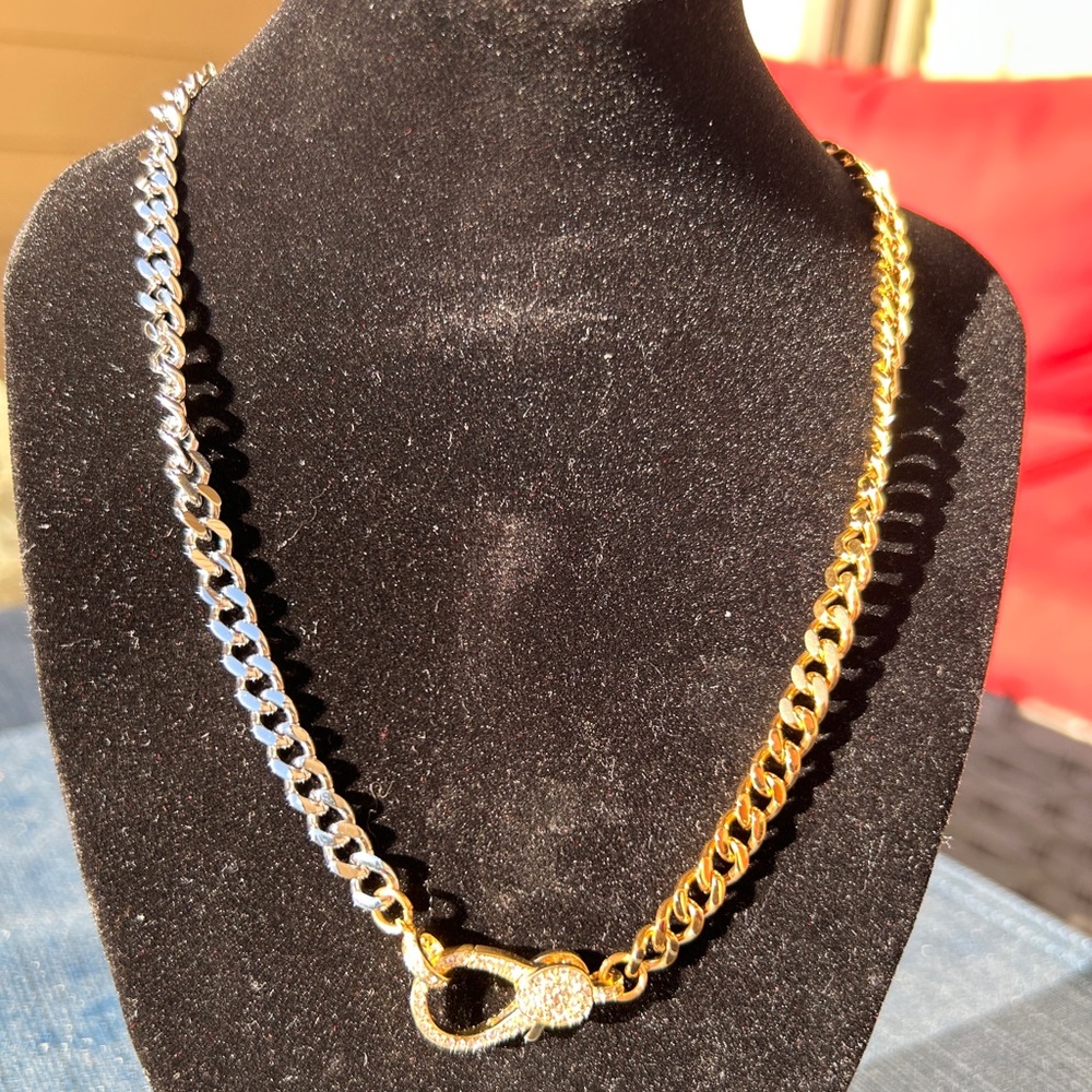 NWT Gold Silver Two Tone Stainless Steal Double Chain Necklace 16” - Picture 3 of 11